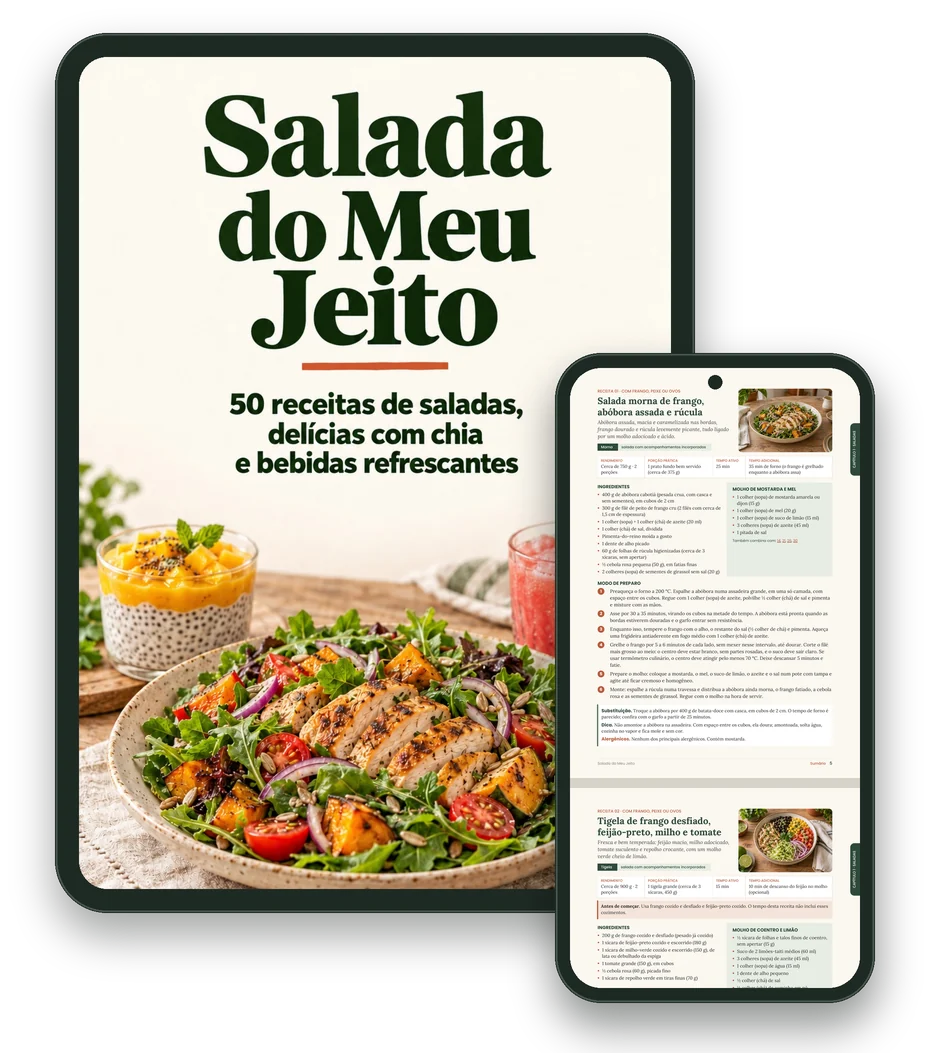 Capa do Salada do Meu Jeito aberta num tablet e a página da receita 01 aberta num celular