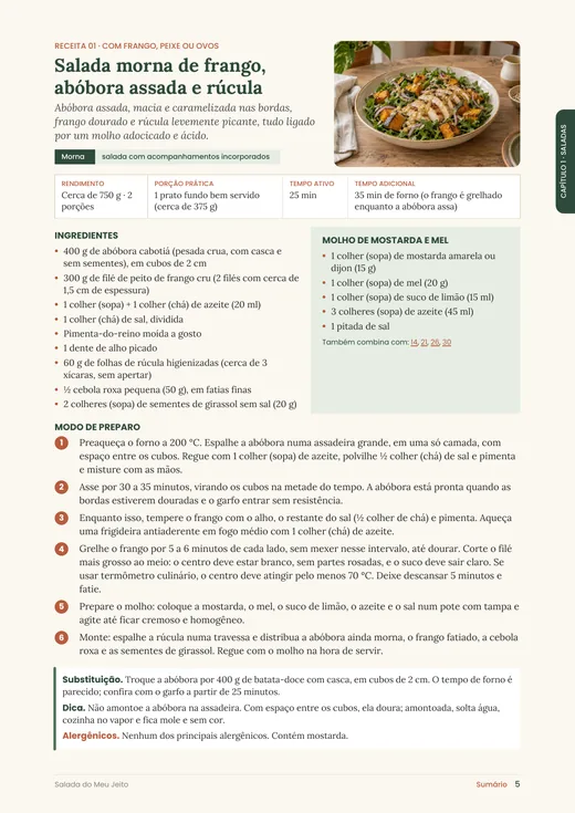 Página da receita 01, Salada morna de frango, abóbora assada e rúcula