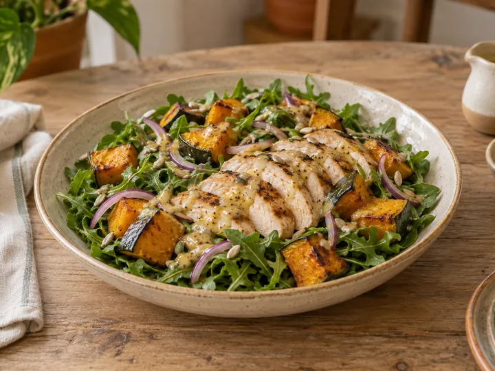 Salada com frango grelhado fatiado, abóbora assada, rúcula, cebola roxa, sementes de girassol e molho de mostarda e mel