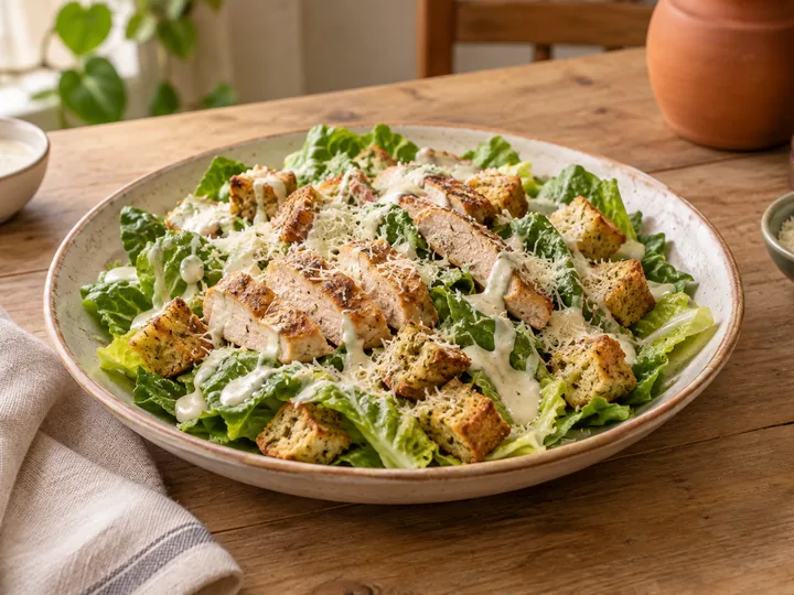Salada Caesar com alface-romana, frango grelhado fatiado, croutons caseiros, molho cremoso e queijo parmesão ralado
