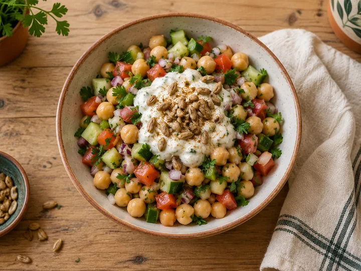 Tigela de grão-de-bico com tomate, pepino, pimentão, cebola roxa e salsinha, coberta com molho de iogurte e sementes de girassol