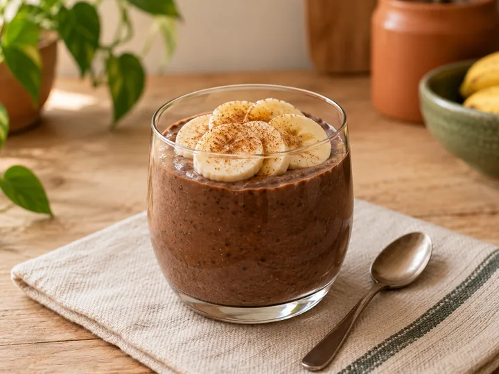 Copo de pudim de chia com cacau, coberto com rodelas de banana e canela