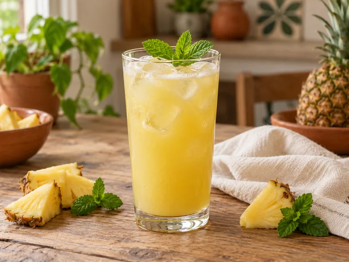 Copo de suco de abacaxi com gelo e raminho de hortelã, com pedaços de abacaxi ao lado