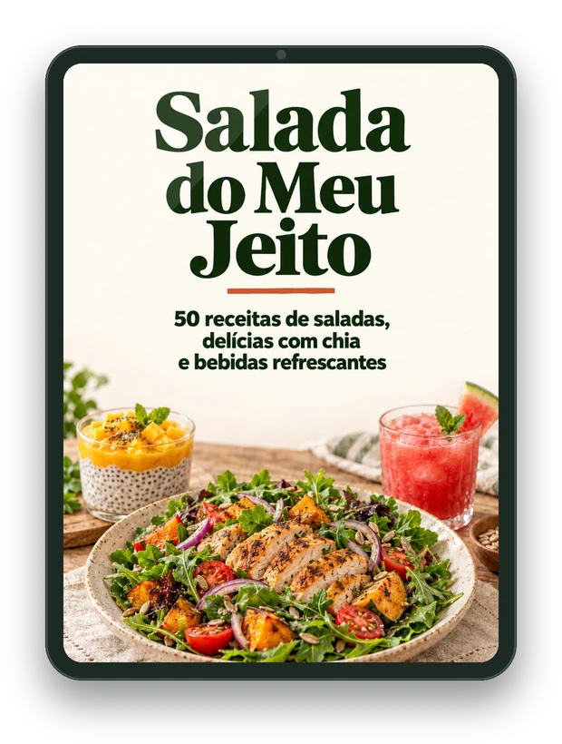 Capa do livro Salada do Meu Jeito, com 50 receitas, aberta num tablet